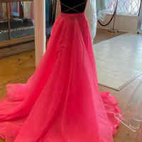 Mermaid Scoop Neck Cross Back Hot Pink Sequin Detachable Train Long Prom Dresses - Thumbnail 1