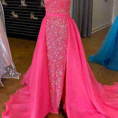 Mermaid scoop neck cross back hot pink sequin detachable train long prom dresses - Thumbnail 4