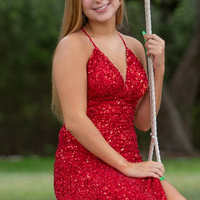 Sexy Mermaid V Neck Red Sequins Prom Dresses with Slit - Thumbnail 2