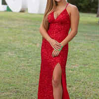 Sexy Mermaid V Neck Red Sequins Prom Dresses with Slit - Thumbnail 1