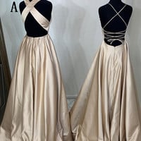 2 Styles Champagne Satin Long Prom Dresses - Thumbnail 1