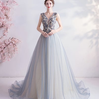 Elegant v neck tulle long a line prom dress evening dress - Thumbnail 3