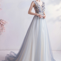 Elegant v neck tulle long A line prom dress evening dress - Thumbnail 1