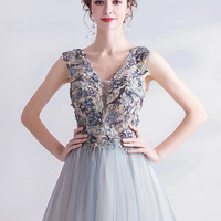 Elegant v neck tulle long A line prom dress evening dress - Thumbnail 2