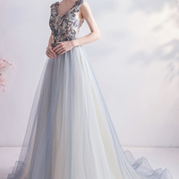 Elegant v neck tulle long A line prom dress evening dress - Thumbnail 4