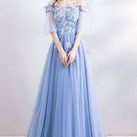 Blue lace long A line prom dress blue evening dress - Thumbnail 1