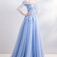 Blue lace long A line prom dress blue evening dress - Thumbnail 4