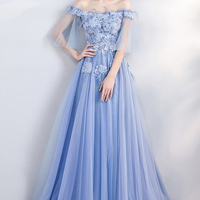 Blue lace long A line prom dress blue evening dress - Thumbnail 5