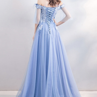 Blue lace long A line prom dress blue evening dress - Thumbnail 6