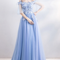 Blue lace long A line prom dress blue evening dress - Thumbnail 7