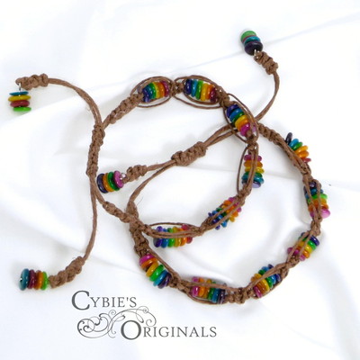 Pair of rainbow mother of pearl and hemp bracelets