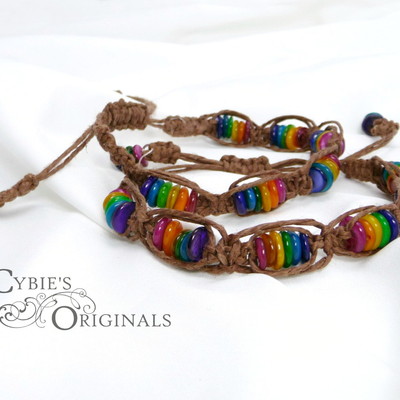 Pair of rainbow mother of pearl and hemp bracelets - Thumbnail 2