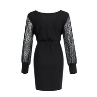 Solid Color V-Neck Lace Long-Sleeved Sexy Dress - Thumbnail 2