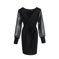Solid Color V-Neck Lace Long-Sleeved Sexy Dress - Thumbnail 3