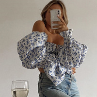 Women'S Sexy One-Neck Puff Sleeve Slim Printed T-Shirt - Thumbnail 2