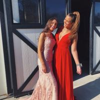 Mermaid Scoop Neck Cross Back Pink Tulle Lace Prom Dresses - Thumbnail 1