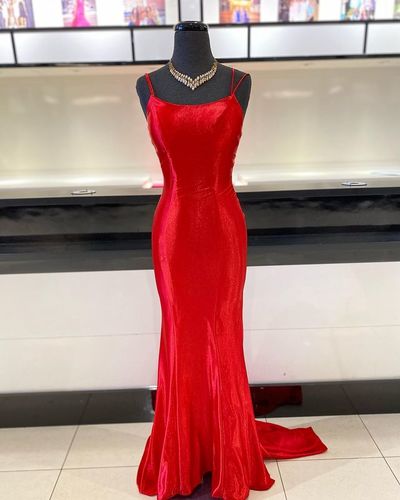 Sexy Mermaid Scoop Neck Red Satin Long Prom Dresses