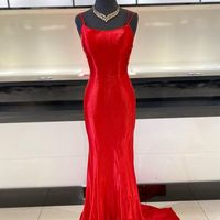 Sexy Mermaid Scoop Neck Red Satin Long Prom Dresses - Thumbnail 1