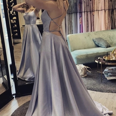 Simple a-line scoop neck cross back silver satin long prom dresses - Thumbnail 5