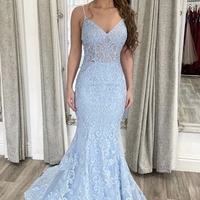 Mermaid V Neck Spaghetti Straps Light Blue Lace Long Prom Dresses - Thumbnail 1