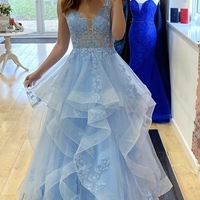Ball Gown V Neck Blue Tulle Lace Prom Dresses Formal Dresses - Thumbnail 1