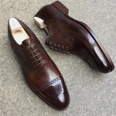 Gentlemen dark brown cap toe brogue leather lace up wedding shoes - Thumbnail 2