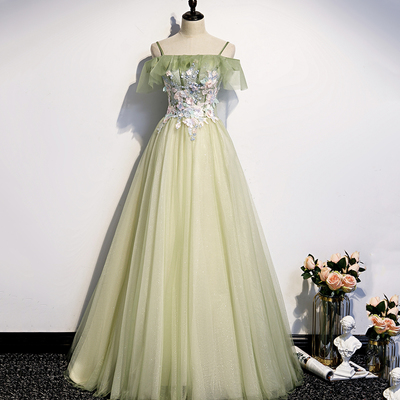 Green tulle lace long a line prom dress evening dress - Thumbnail 3