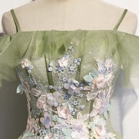 Green tulle lace long A line prom dress evening dress - Thumbnail 1