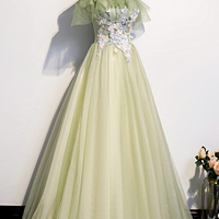Green tulle lace long A line prom dress evening dress - Thumbnail 2
