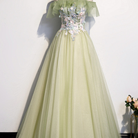 Green tulle lace long A line prom dress evening dress - Thumbnail 5
