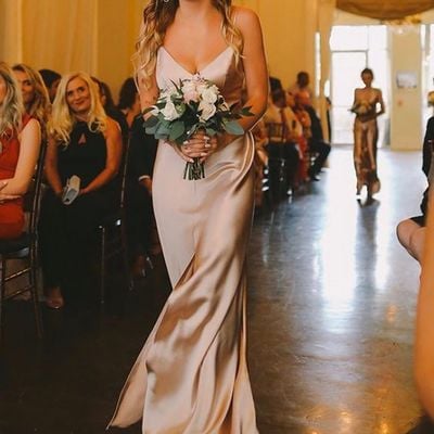 Elegant sheath v neck light champagne silk satin long bridesmaid dresses with front slit