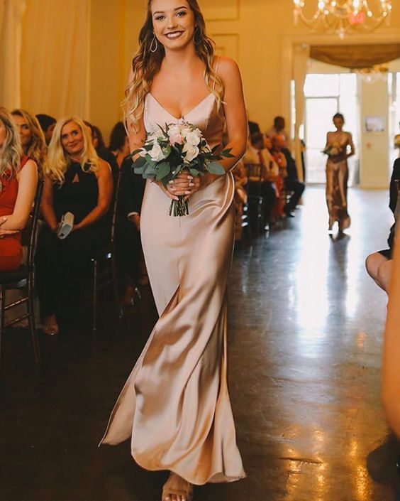 Elegant Sheath V Neck Light Champagne Silk Satin Long Bridesmaid Dresses with Front Slit