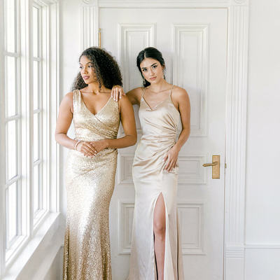 Simple sheath v neck light champagne silk satin long bridesmaid dresses with side slit