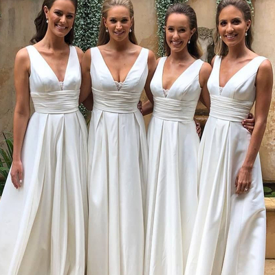 Elegant a-line v neck white satin long bridesmaid dresses