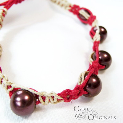 Red glass pearl beaded hemp bracelet