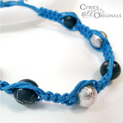 Black, silver and blue beaded hemp bracelet