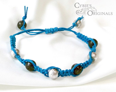 Black, silver and blue beaded hemp bracelet