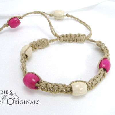 Pink & cream wood and hemp bracelet