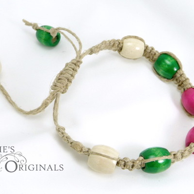Pink, green and cream wood and hemp bracelet - Thumbnail 5