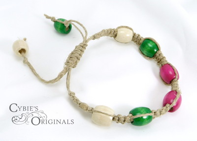 Pink, green and cream wood and hemp bracelet