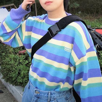 90s Stripe Pastel Color Block Pullover Knit Sweater