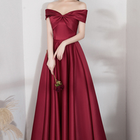 Burgundy satin long A line prom dress evening dress - Thumbnail 1