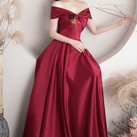 Burgundy satin long A line prom dress evening dress - Thumbnail 2