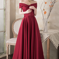 Burgundy satin long A line prom dress evening dress - Thumbnail 4