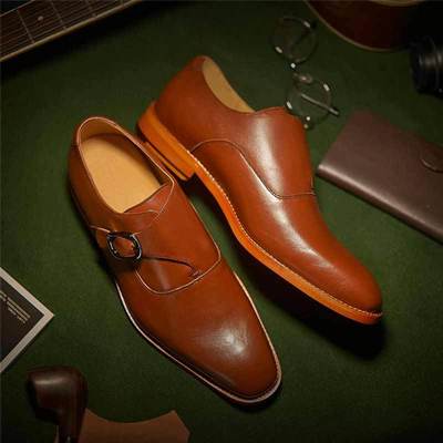 Handmade Monk Shoes Collection , Men Brown Leather Buckle Dress Shoes
