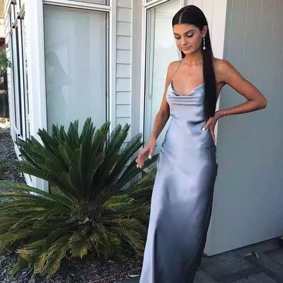 Sheath cowl neck grey silk satin long prom dresses - Thumbnail 5