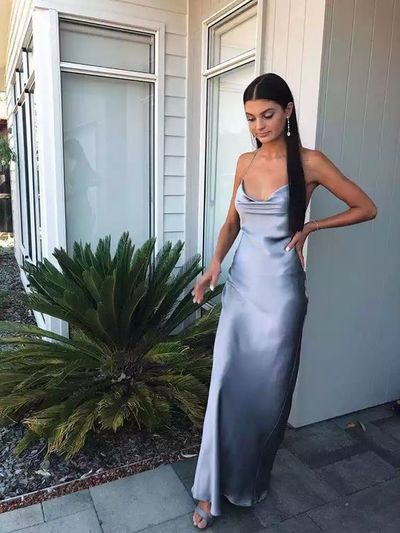 Sheath Cowl Neck Grey Silk Satin Long Prom Dresses