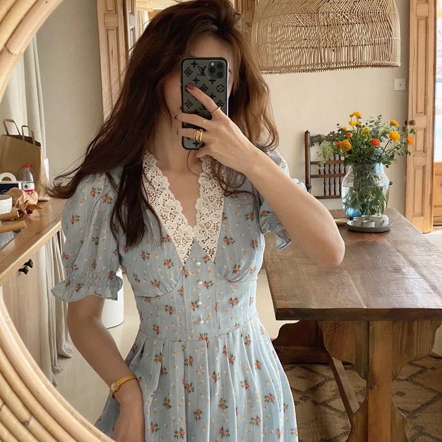 chiffon korean floral dress Korean Elegant Fashion Chiffon Dress Summer French Vintage Floral Dress Square Collar Puff Short Sleeve Ink Painting Dress 20827