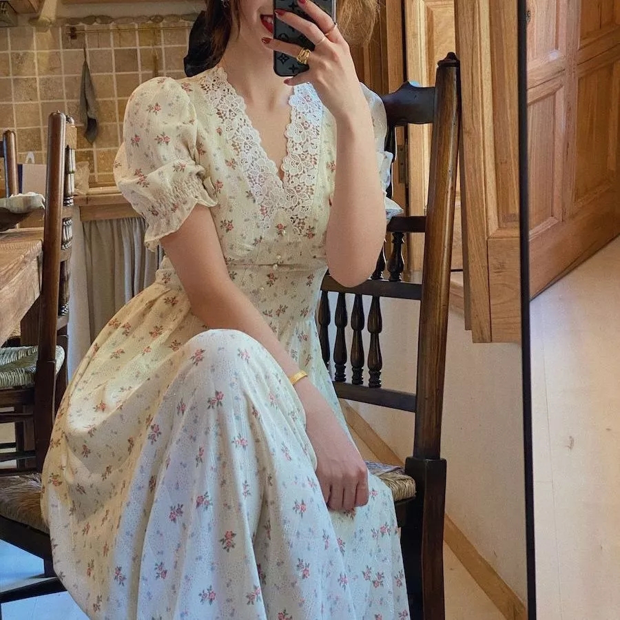 chiffon korean floral dress Vintage Floral Dress Women Lace Chiffon Korean Par... Grandado