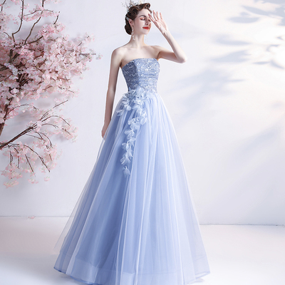 Blue tulle lace long a line prom dress evening dress - Thumbnail 2